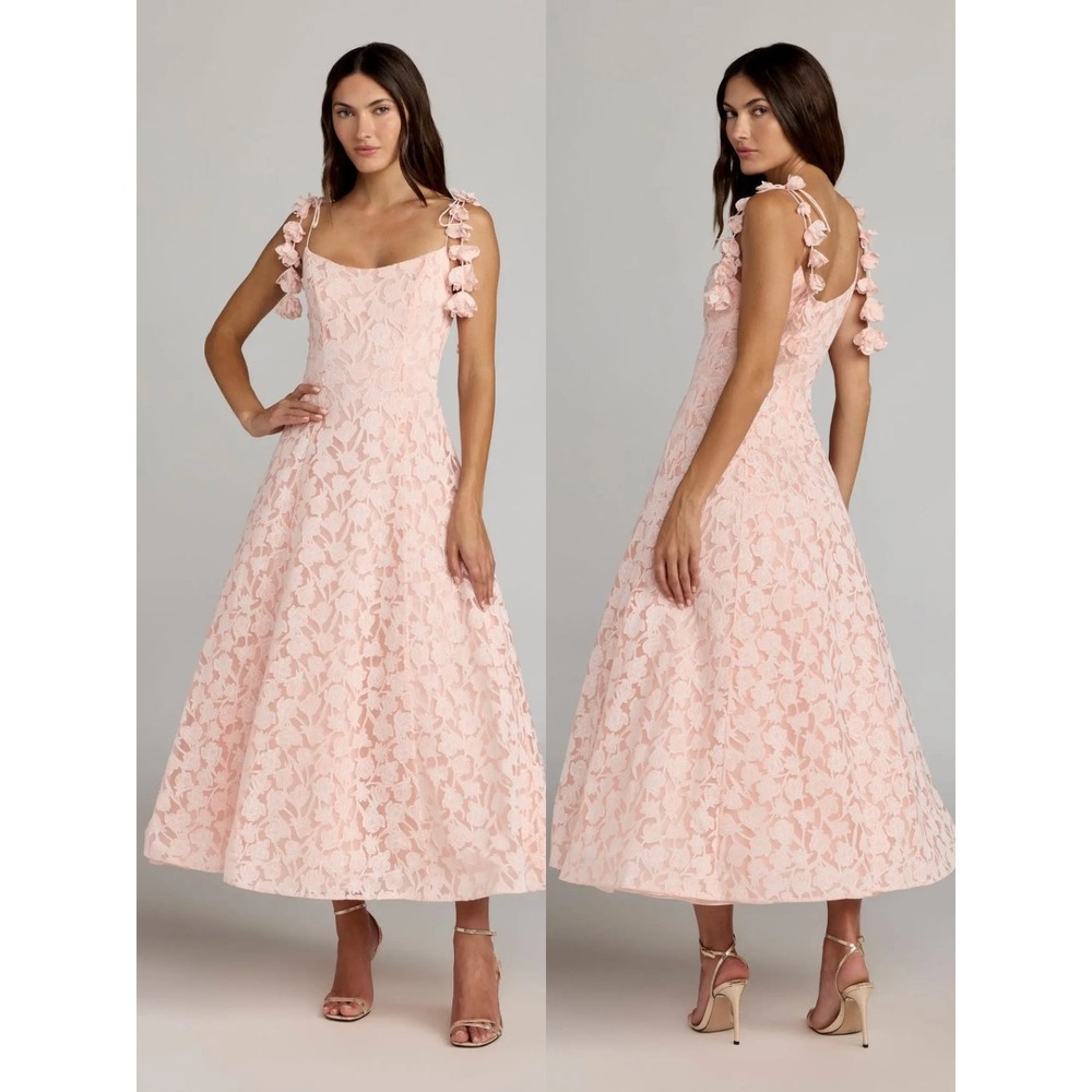 Mac Duggal Pink Scoop Neck Floral A-Line Midi Dress with 3D Flowers - Size 12